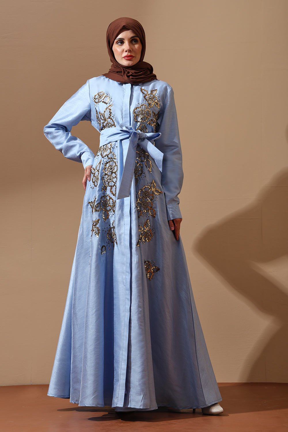 Sky Blue Embellished Luxe Abaya with Floral Embroidery - EastEssence.com