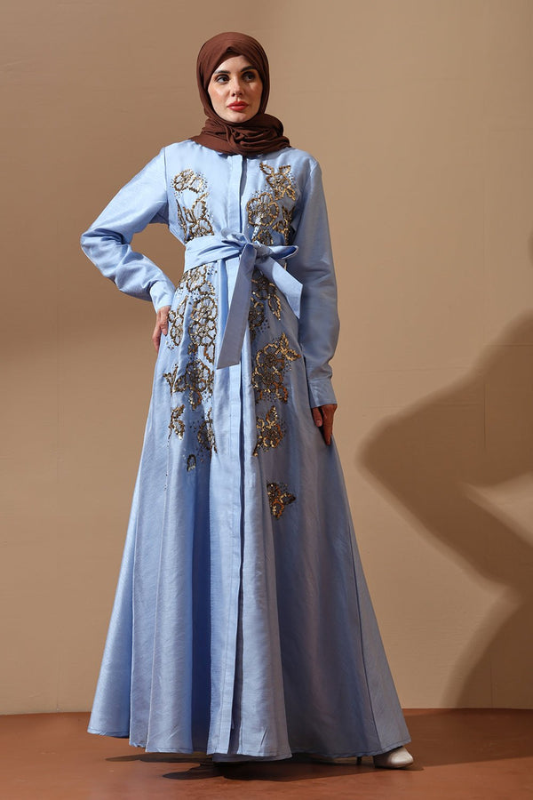 Sky Blue Embellished Luxe Abaya with Floral Embroidery - EastEssence.com
