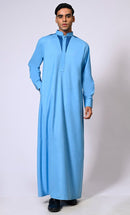 Sky Blue Men's Thobe with Satin Stitch Embroidery and Pockets - Final Sale - EastEssence.com
