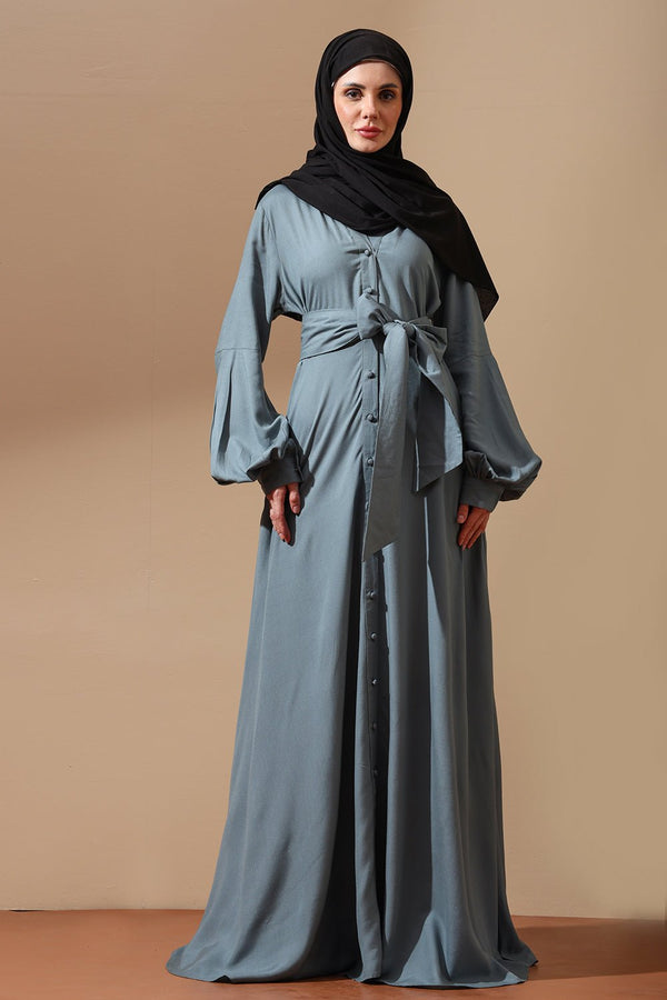 Slate Blue Belted Abaya with Flared Sleeves - EastEssence.com