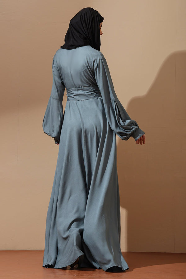 Slate Blue Belted Abaya with Flared Sleeves - EastEssence.com