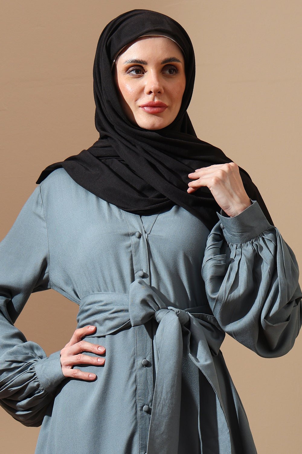 Slate Blue Belted Abaya with Flared Sleeves - EastEssence.com