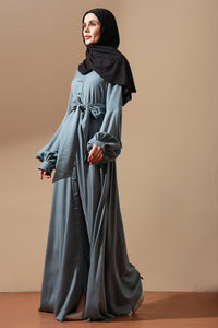 Slate Blue Belted Abaya with Flared Sleeves - EastEssence.com