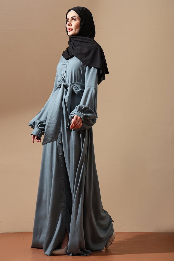Slate Blue Belted Abaya with Flared Sleeves - EastEssence.com