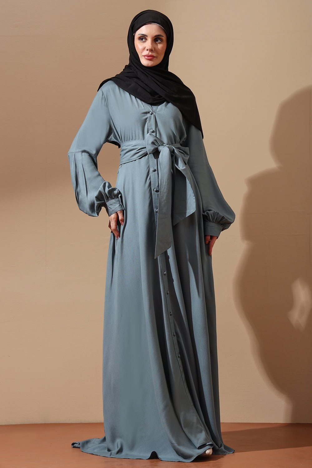 Slate Blue Belted Abaya with Flared Sleeves - EastEssence.com
