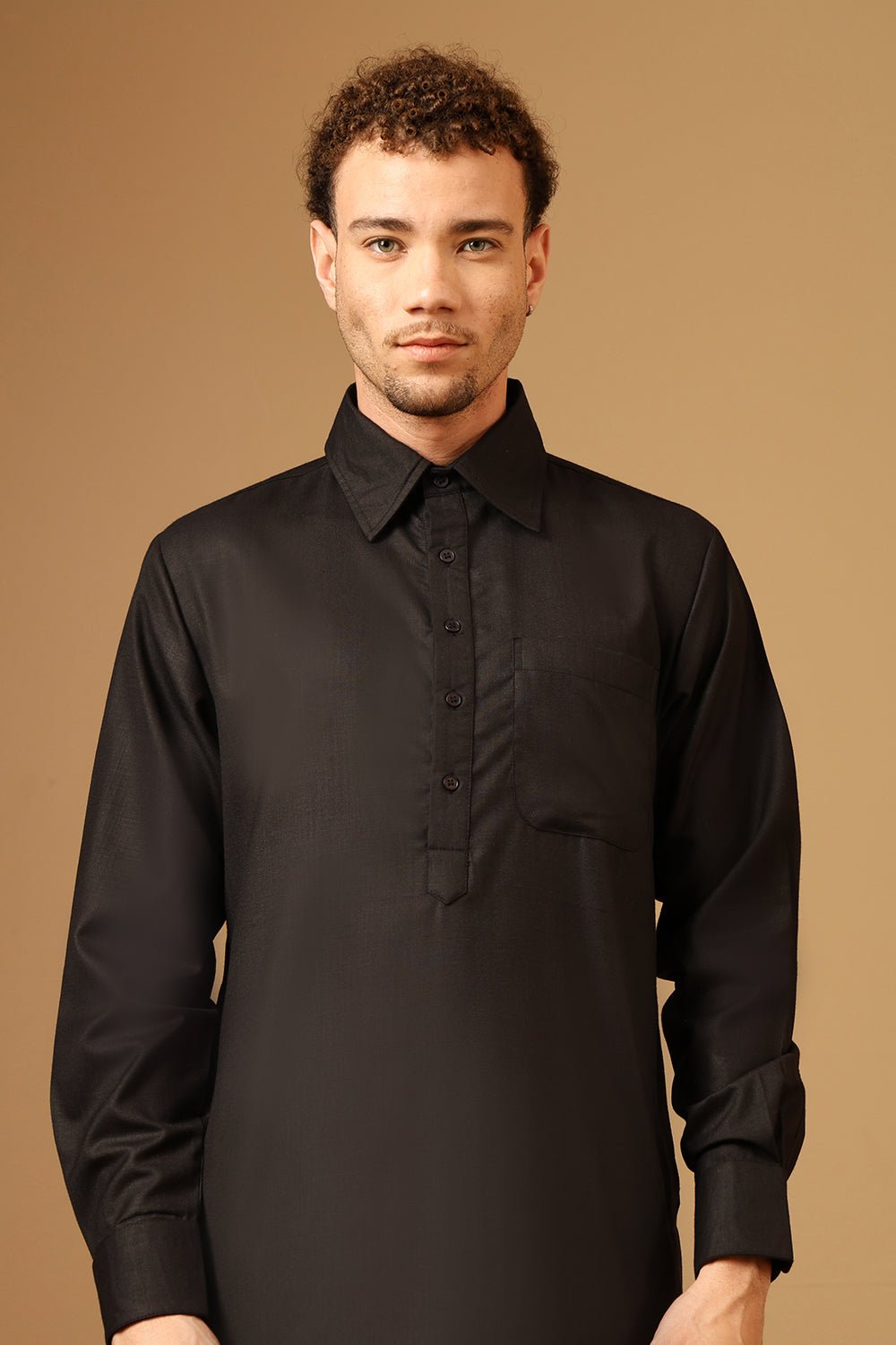 Slub Poplin Collared Neck Cuffed Sleeves Pathani Kurta Pant Set for Men - EastEssence.com