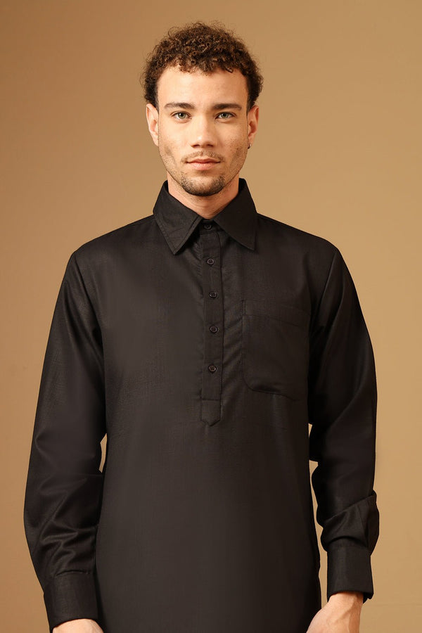 Slub Poplin Collared Neck Cuffed Sleeves Pathani Kurta Pant Set for Men - EastEssence.com