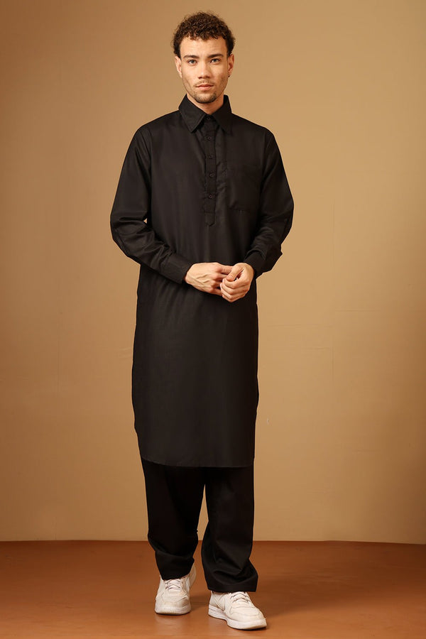 Slub Poplin Collared Neck Cuffed Sleeves Pathani Kurta Pant Set for Men - EastEssence.com