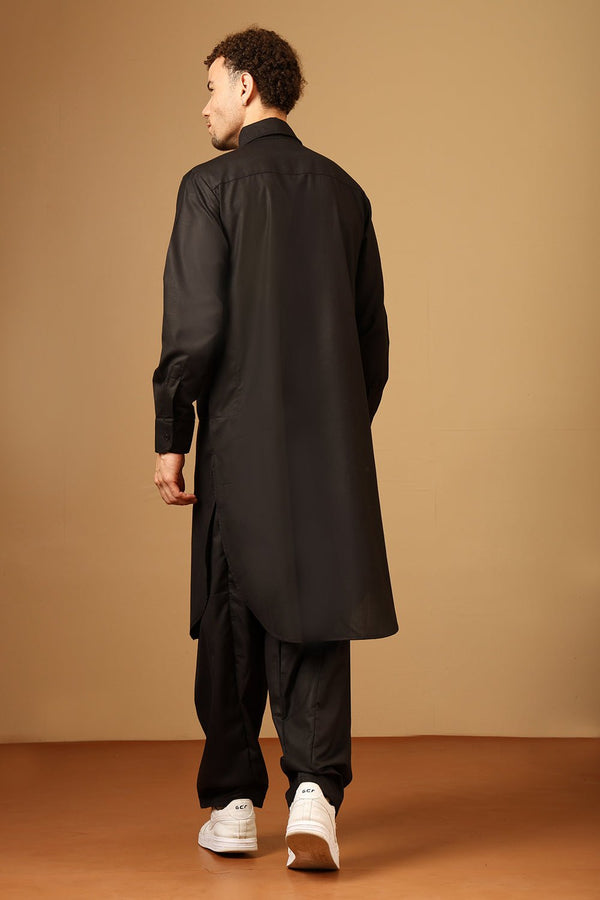 Slub Poplin Collared Neck Cuffed Sleeves Pathani Kurta Pant Set for Men - EastEssence.com