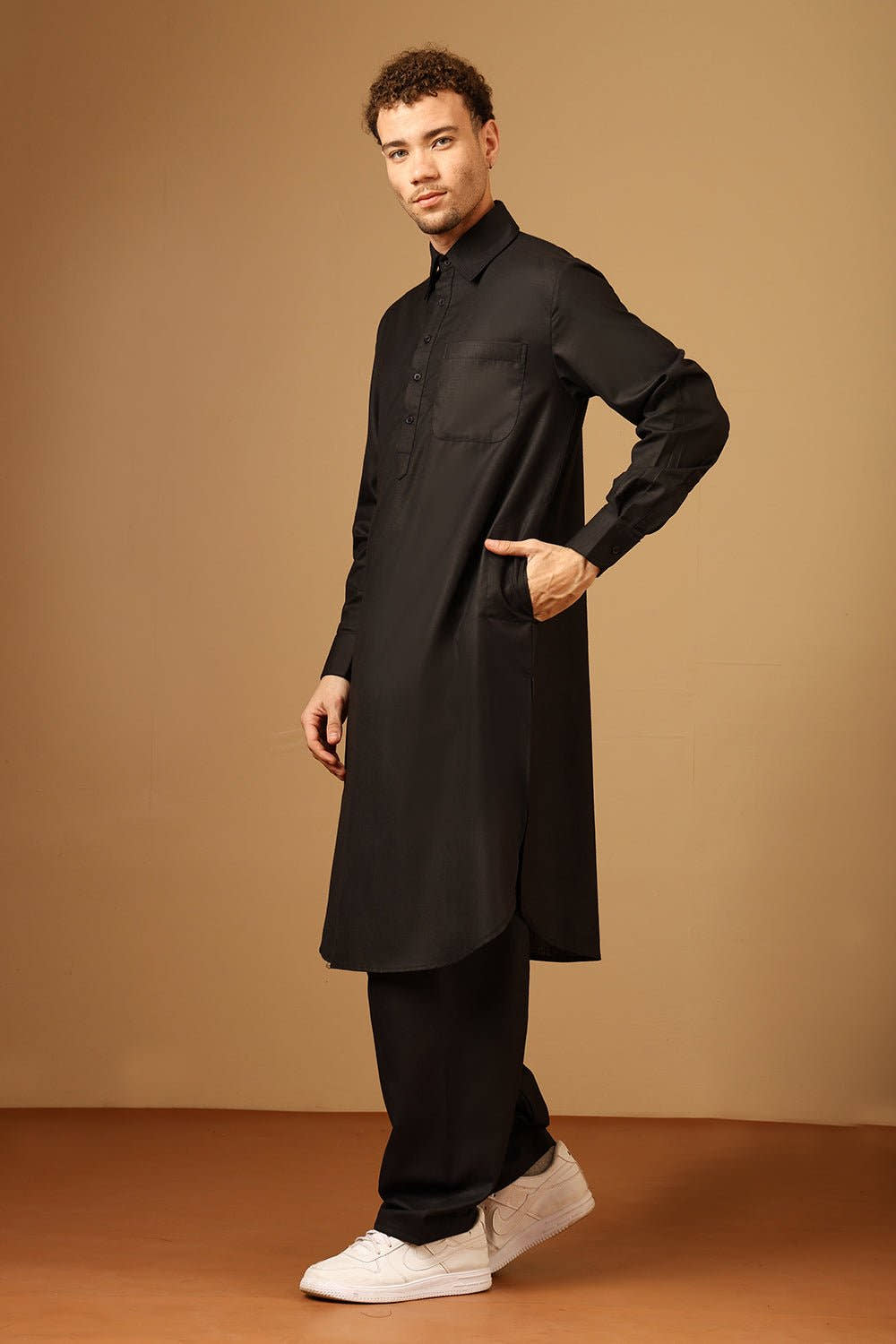 Slub Poplin Collared Neck Cuffed Sleeves Pathani Kurta Pant Set for Men - EastEssence.com