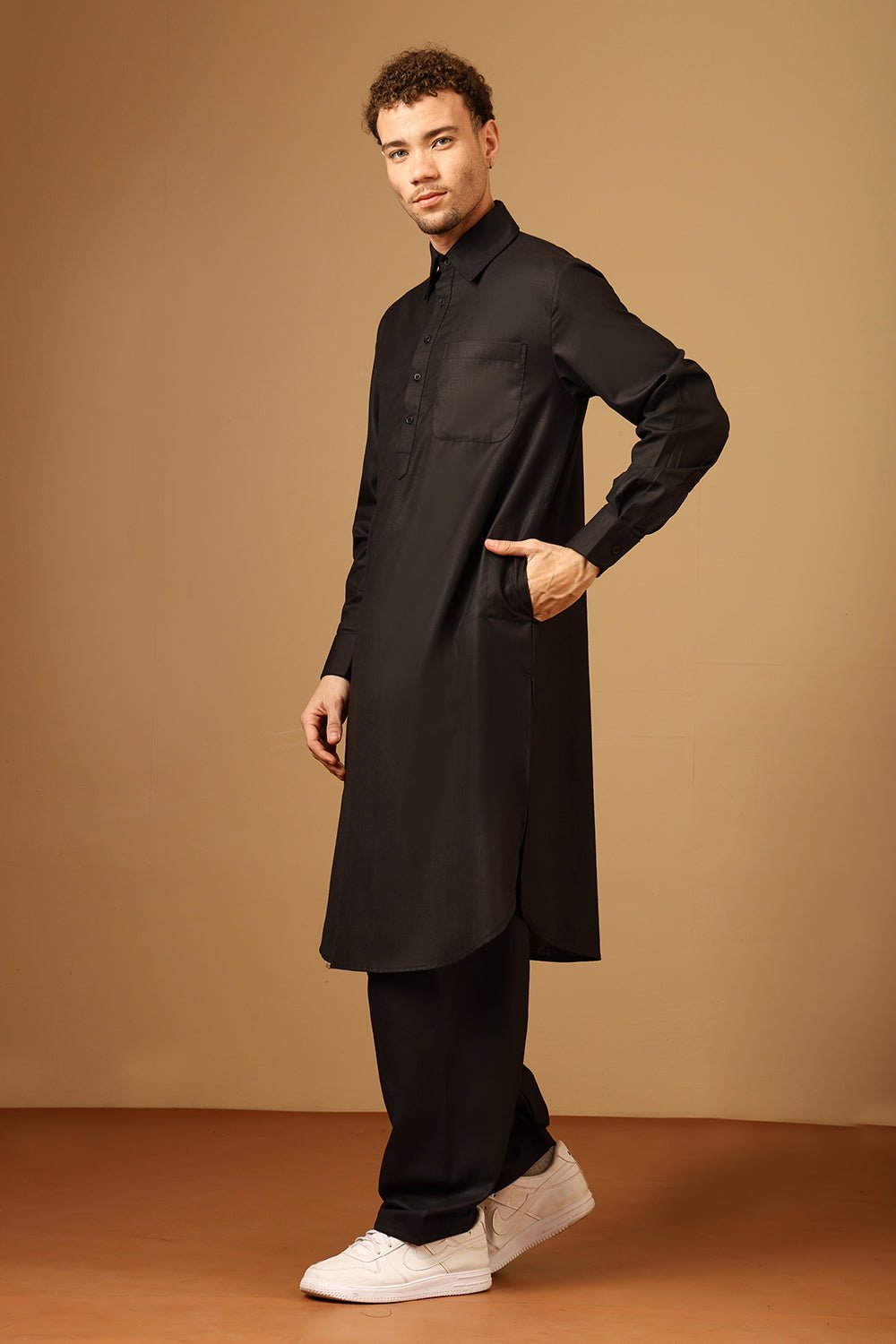 Slub Poplin Collared Neck Cuffed Sleeves Pathani Kurta Pant Set for Men - EastEssence.com