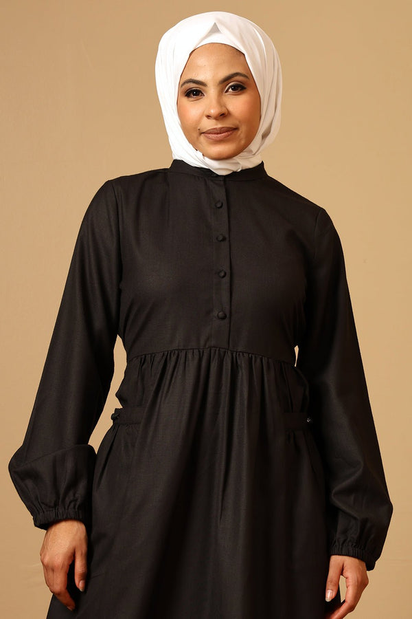 Slub Poplin Mandarin Collar Pleated Abaya Dress - EastEssence.com