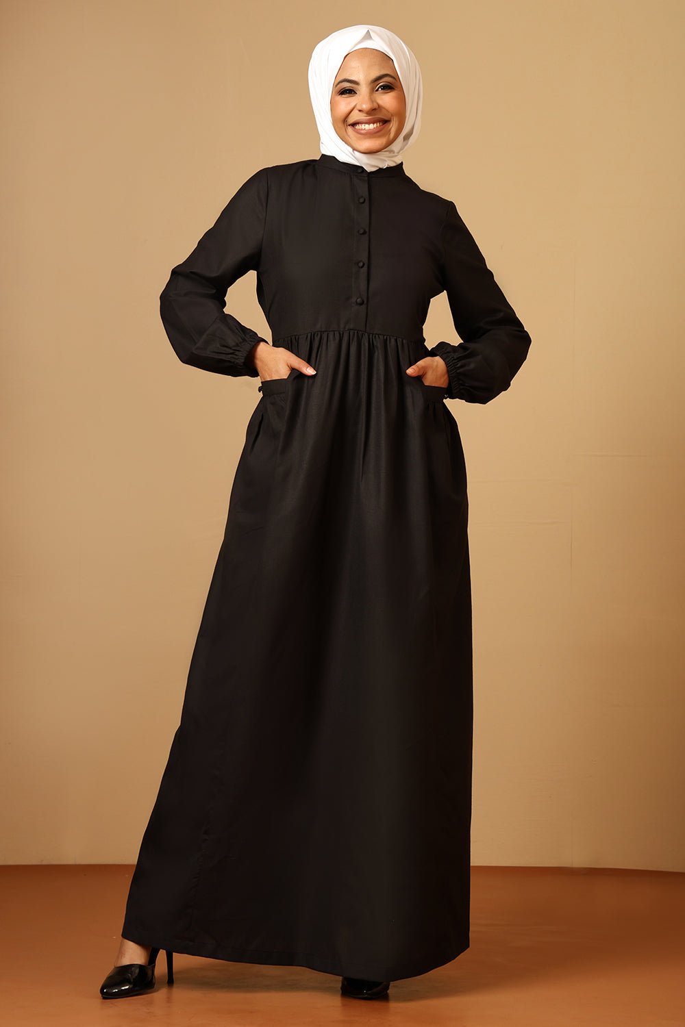 Slub Poplin Mandarin Collar Pleated Abaya Dress - EastEssence.com