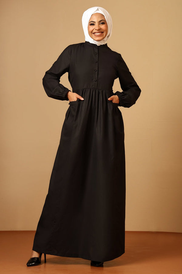 Slub Poplin Mandarin Collar Pleated Abaya Dress - EastEssence.com