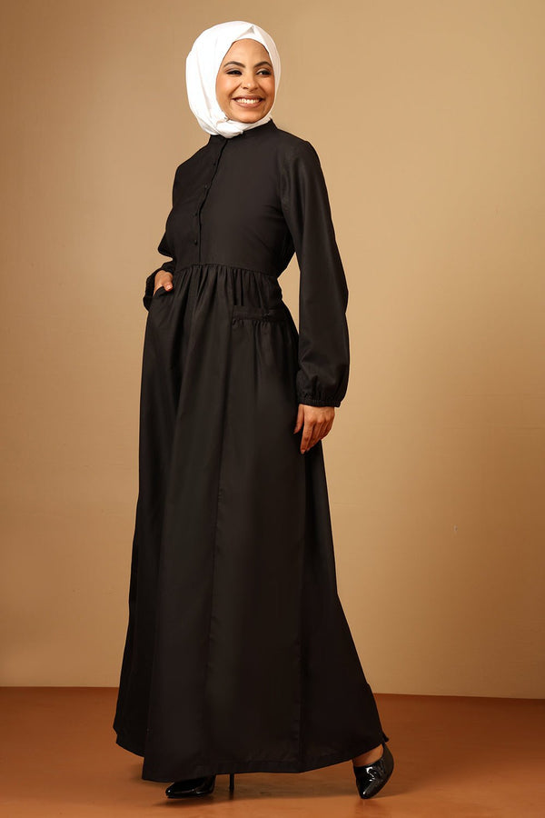 Slub Poplin Mandarin Collar Pleated Abaya Dress - EastEssence.com