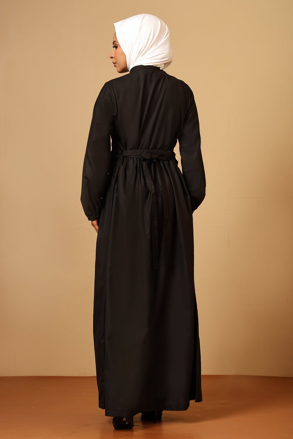 Slub Poplin Mandarin Collar Pleated Abaya Dress - EastEssence.com