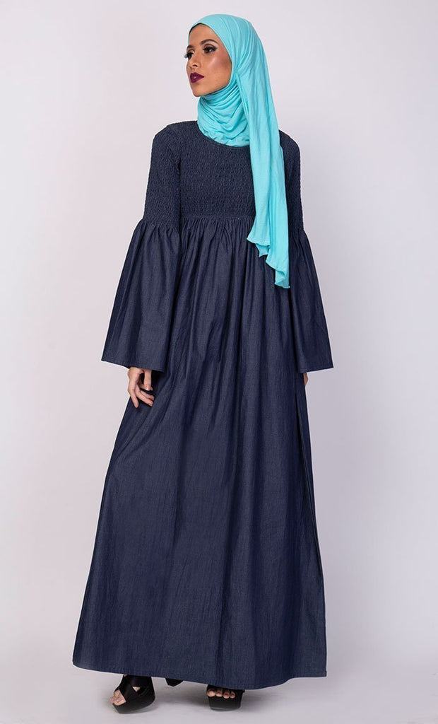 Smocking Bodice And Bell Sleeves Abaya Dress - Final Sale - EastEssence.com