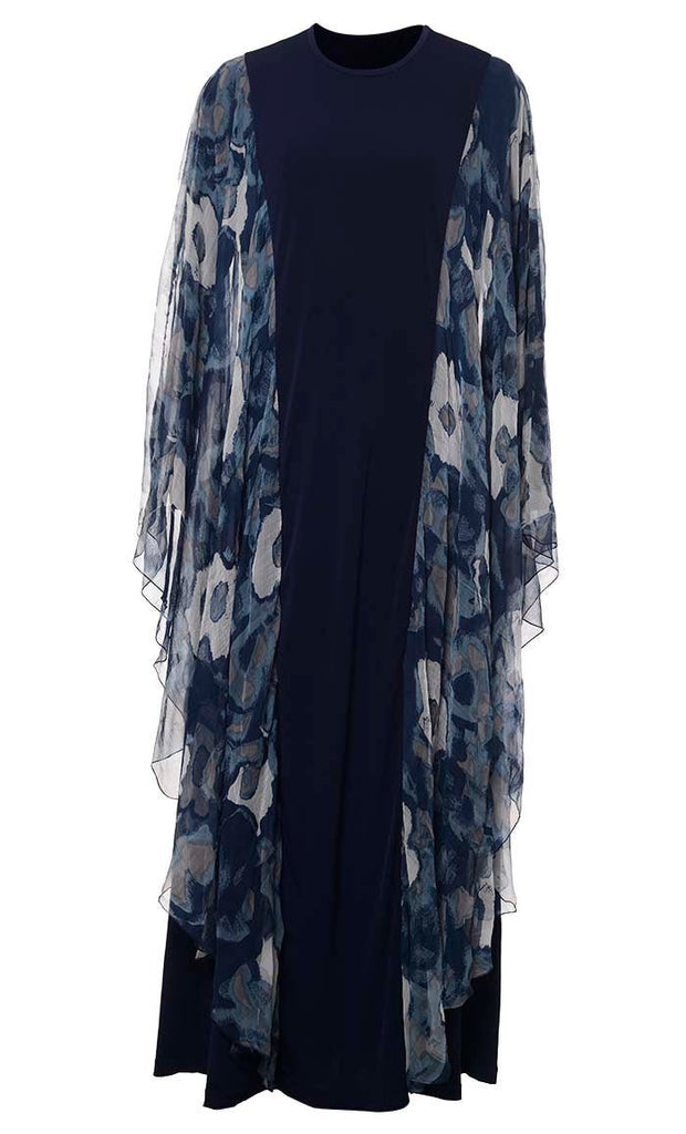 Soft And Comfortable Thl Navy Abaya With Floral Printed Chiffon Bat Wings Detailing - Final Sale - EastEssence.com