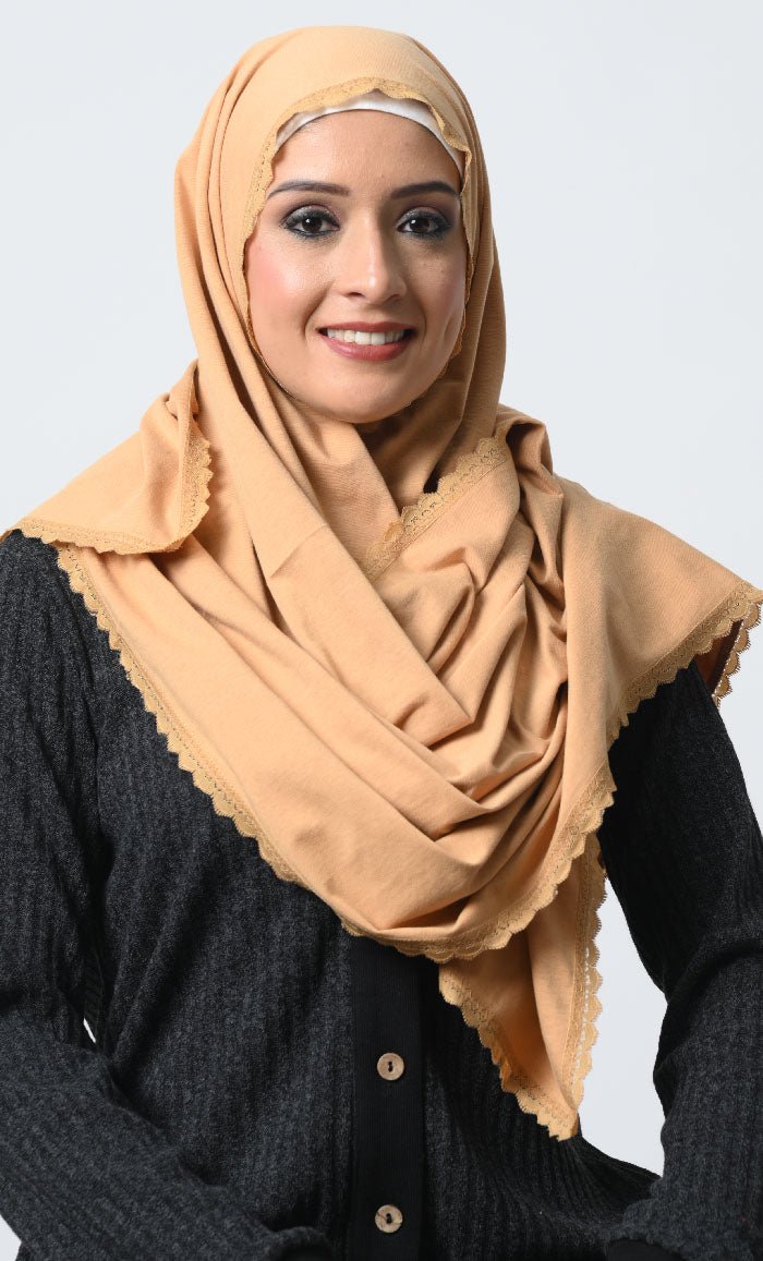 Soft Cotton Jersey Hijab ·Lace Embellished, 70x22 Inches - EastEssence.com