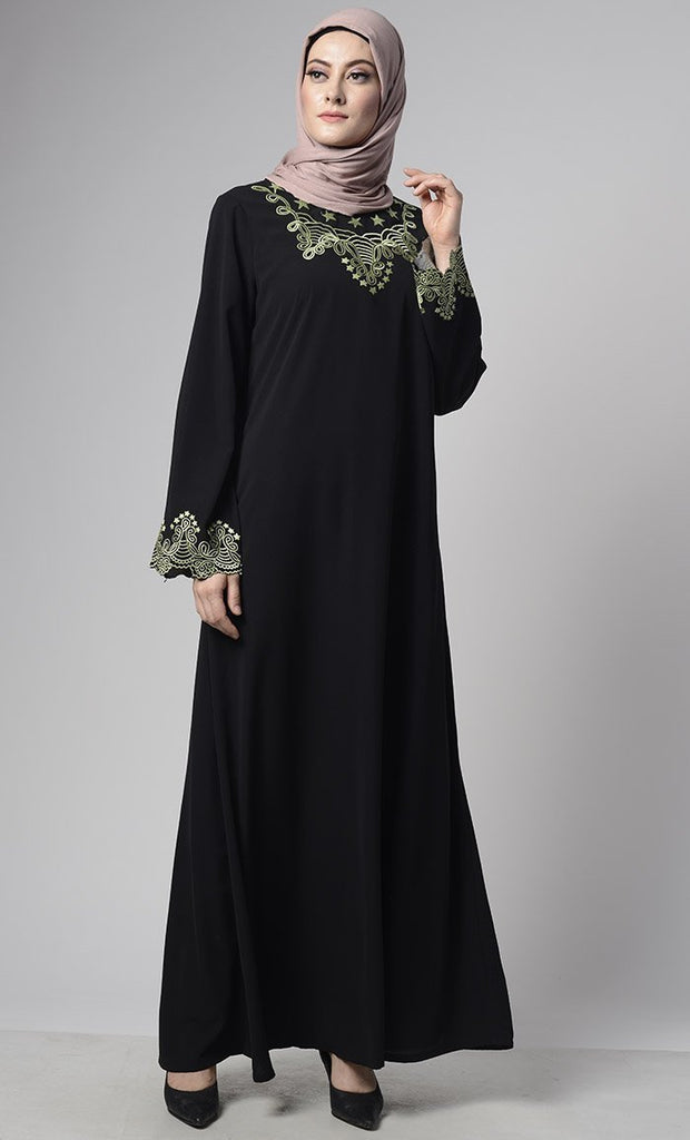 Soft Nida Regular Wear Abaya With Contrast Embroidery - Final Sale - EastEssence.com