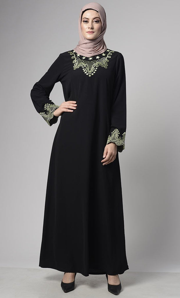 Soft Nida Regular Wear Abaya With Contrast Embroidery - Final Sale - EastEssence.com