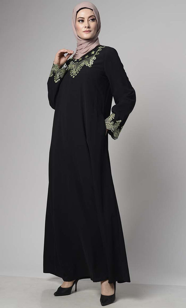 Soft Nida Regular Wear Abaya With Contrast Embroidery - Final Sale - EastEssence.com