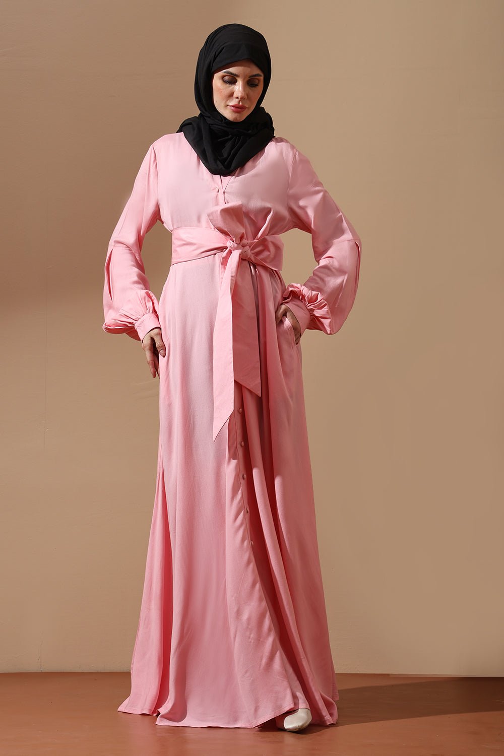 Soft Pink Belted Abaya with Puffy Sleeves - EastEssence.com
