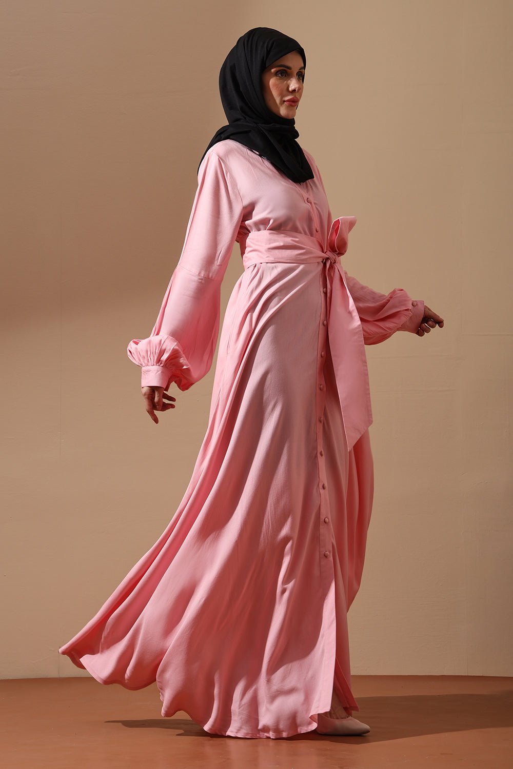 Soft Pink Belted Abaya with Puffy Sleeves - EastEssence.com