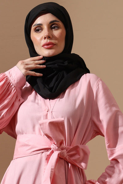 Soft Pink Belted Abaya with Puffy Sleeves - EastEssence.com