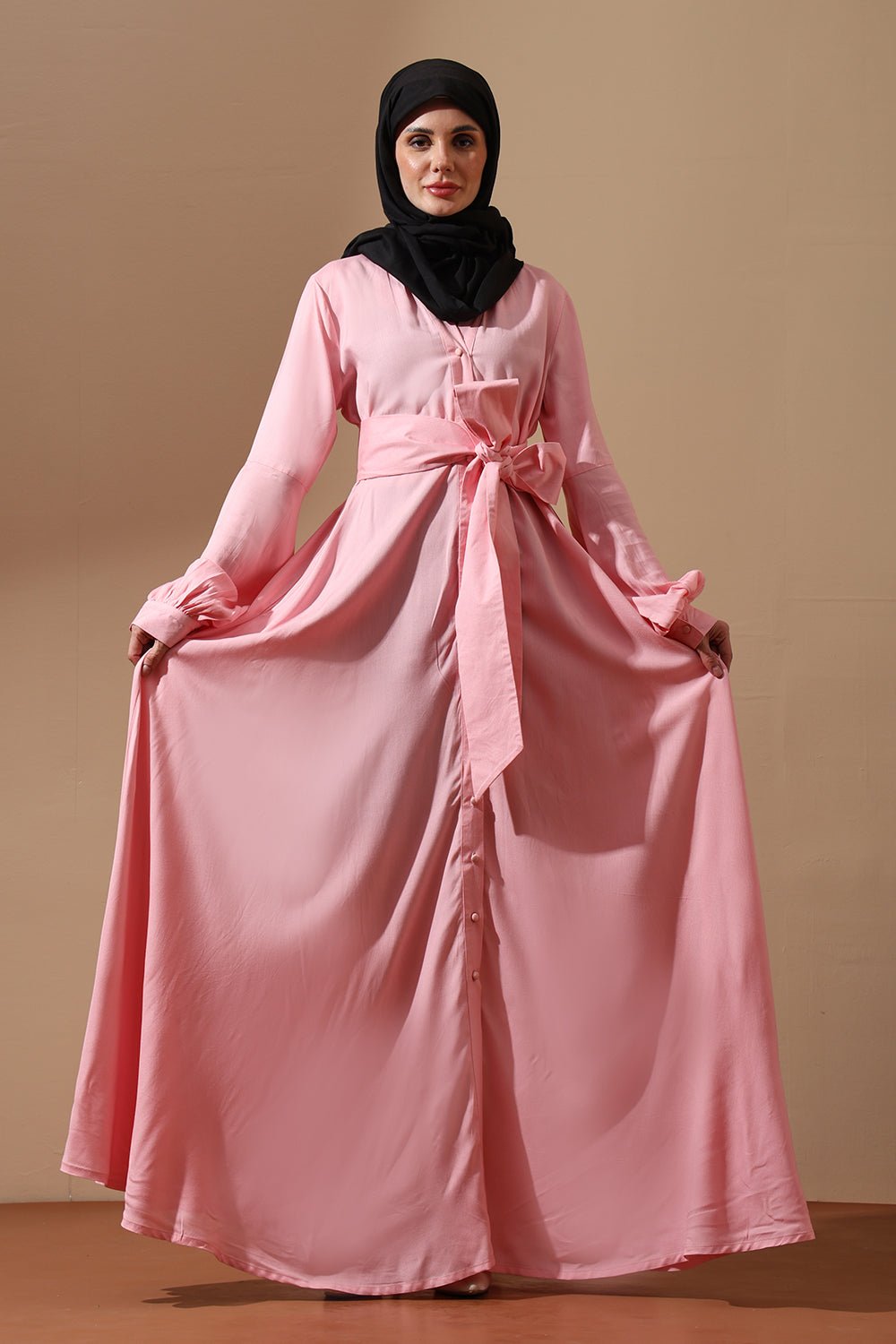 Soft Pink Belted Abaya with Puffy Sleeves - EastEssence.com
