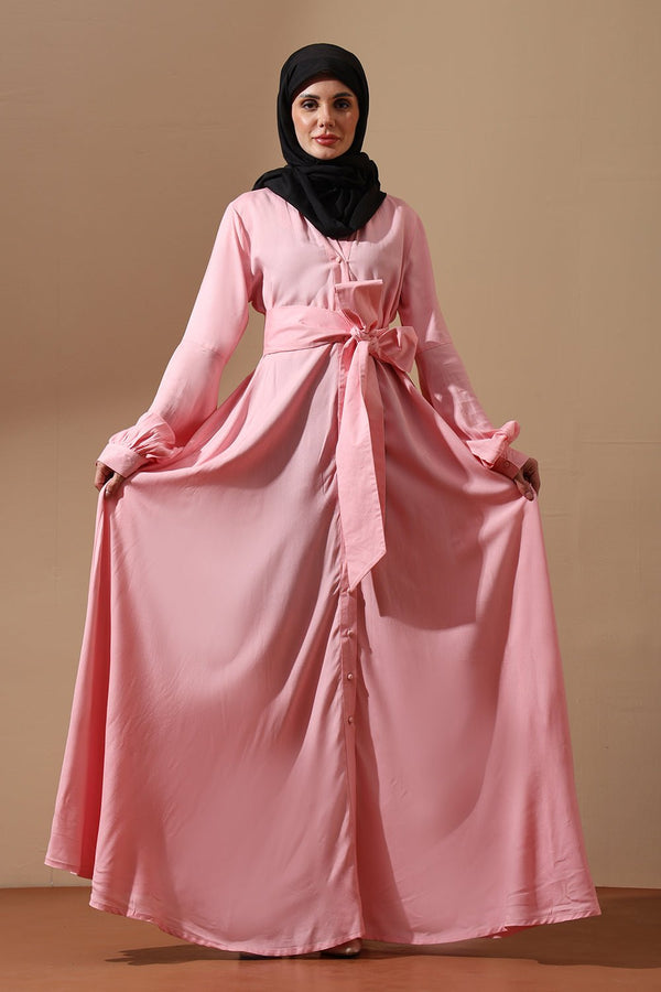 Soft Pink Belted Abaya with Puffy Sleeves - EastEssence.com