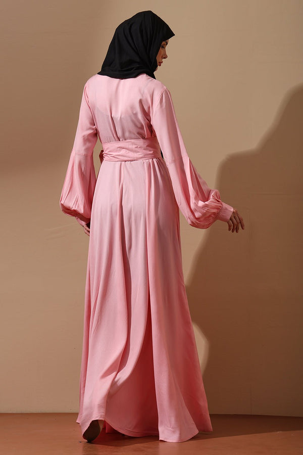 Soft Pink Belted Abaya with Puffy Sleeves - EastEssence.com