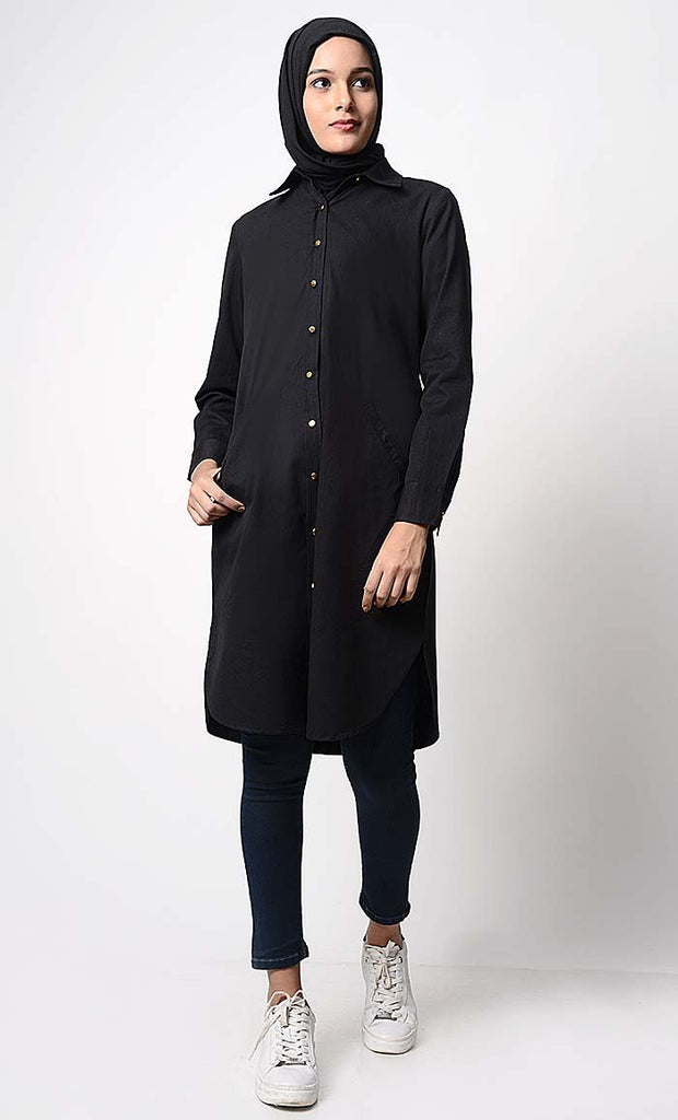 Solid Cotton Twill Everyday Black Tunic - Final Sale - EastEssence.com