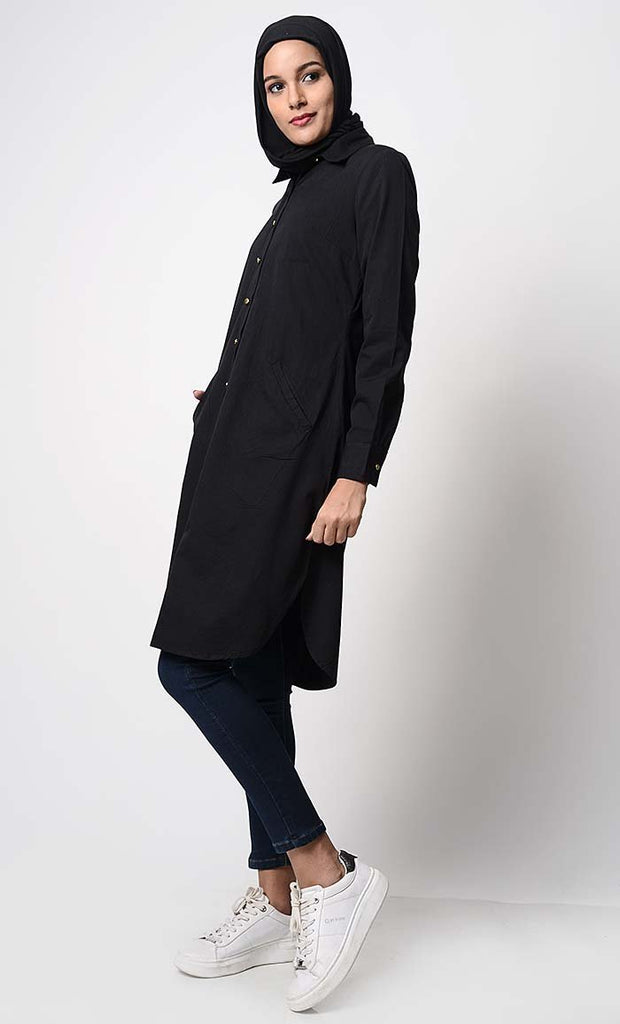 Solid Cotton Twill Everyday Black Tunic - Final Sale - EastEssence.com