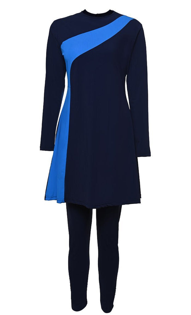 Solid Swimwear Navy With Bright Blue Stripe Burkini Set Of Top Bottom - Final Sale - EastEssence.com