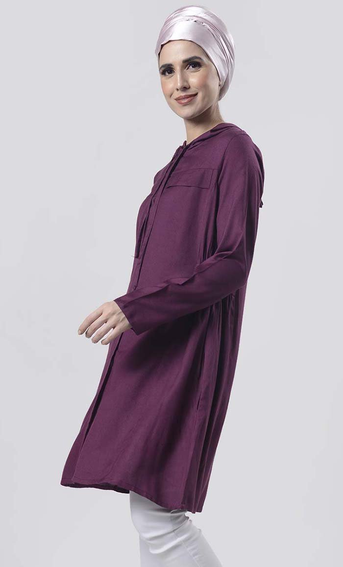 Solid Wine Everyday Wear Hoodie Style Tunic - Final Sale - EastEssence.com