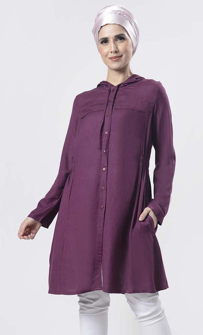 Solid Wine Everyday Wear Hoodie Style Tunic - Final Sale - EastEssence.com