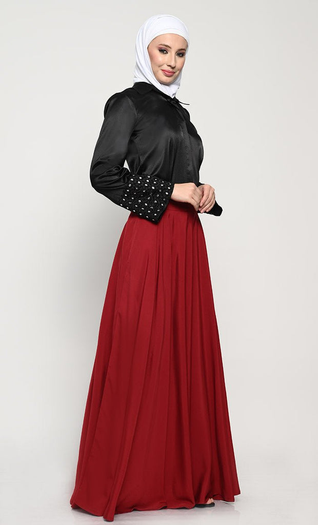 Sophisticated 2 - Piece Satin Shirt and Crepe Skirt Set with Mirror Detail - EastEssence.com