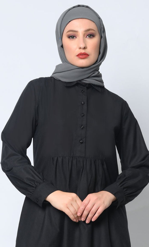 Sophisticated Collared Black Tunic with Elegant Waist Gathers Detail - EastEssence.com