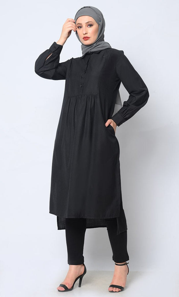 Sophisticated Collared Black Tunic with Elegant Waist Gathers Detail - EastEssence.com