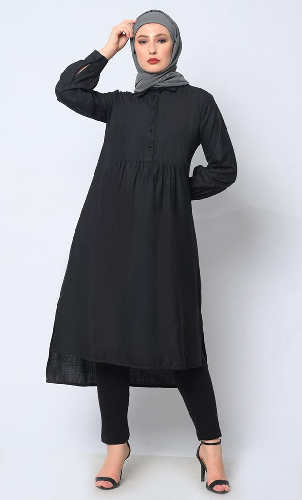 Sophisticated Collared Black Tunic with Elegant Waist Gathers Detail - EastEssence.com