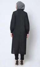 Sophisticated Collared Black Tunic with Elegant Waist Gathers Detail - EastEssence.com