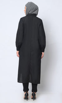 Sophisticated Collared Black Tunic with Elegant Waist Gathers Detail - EastEssence.com