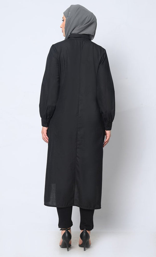 Sophisticated Collared Black Tunic with Elegant Waist Gathers Detail - EastEssence.com