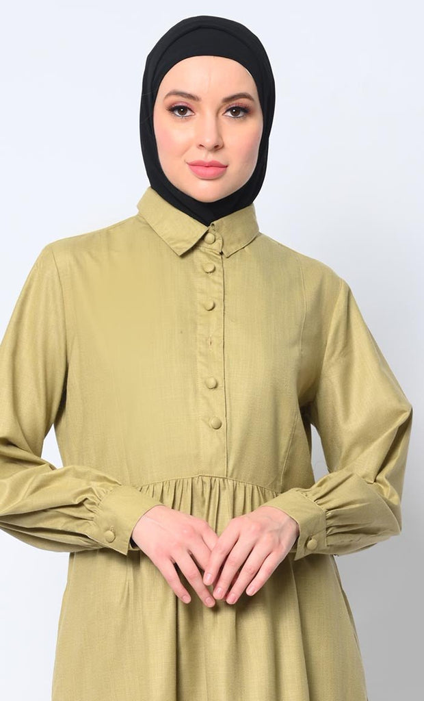 Sophisticated Collared Fennel Green Tunic with Elegant Waist Gathers Detail - EastEssence.com