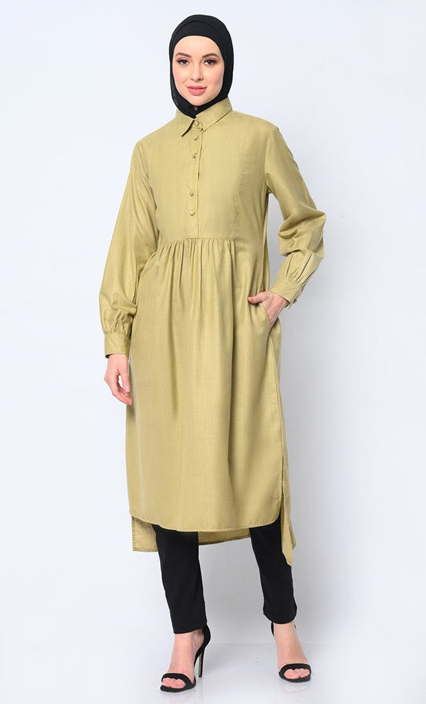 Sophisticated Collared Fennel Green Tunic with Elegant Waist Gathers Detail - EastEssence.com