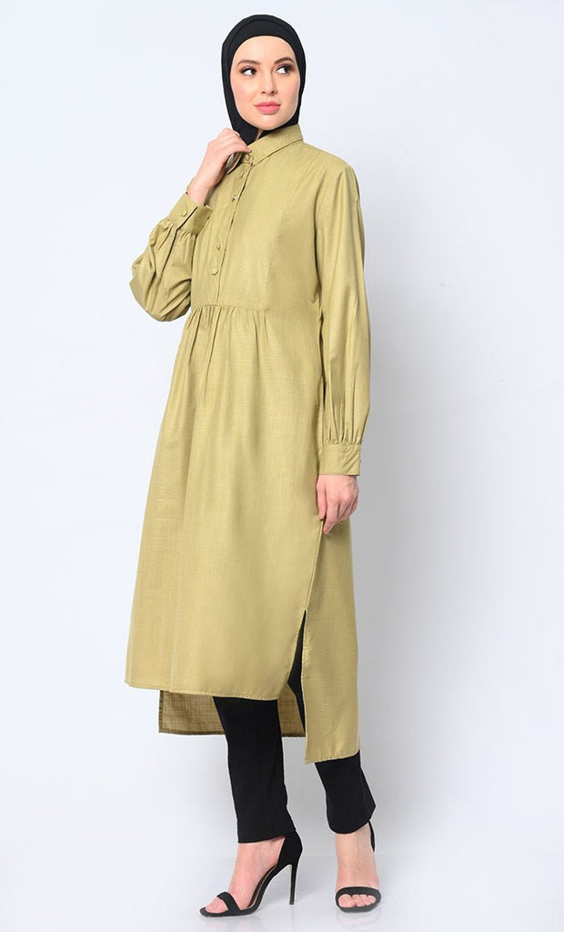 Sophisticated Collared Fennel Green Tunic with Elegant Waist Gathers Detail - EastEssence.com