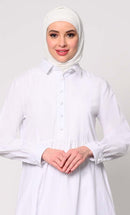 Sophisticated Collared White Tunic with Elegant Waist Gathers Detail - EastEssence.com
