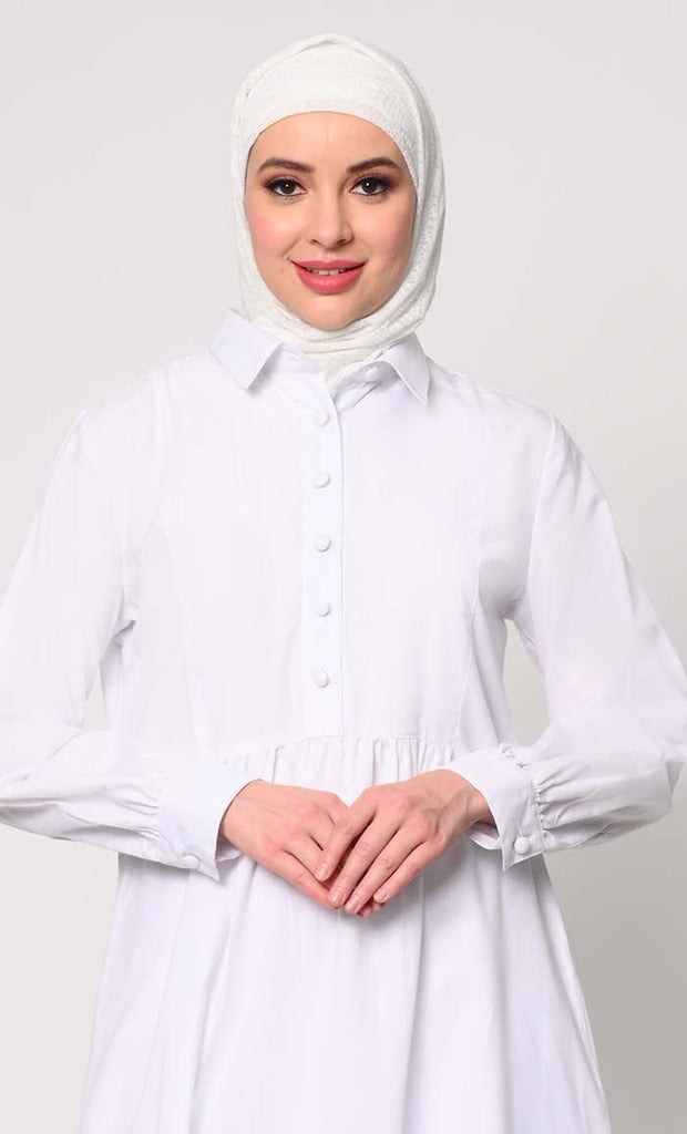 Sophisticated Collared White Tunic with Elegant Waist Gathers Detail - EastEssence.com