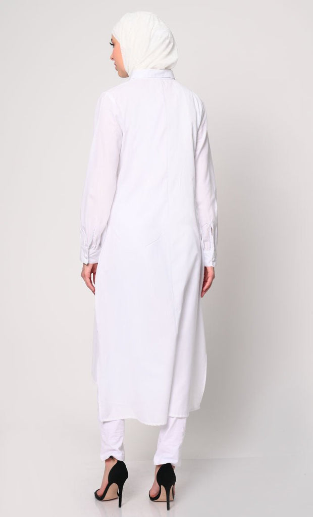 Sophisticated Collared White Tunic with Elegant Waist Gathers Detail - EastEssence.com